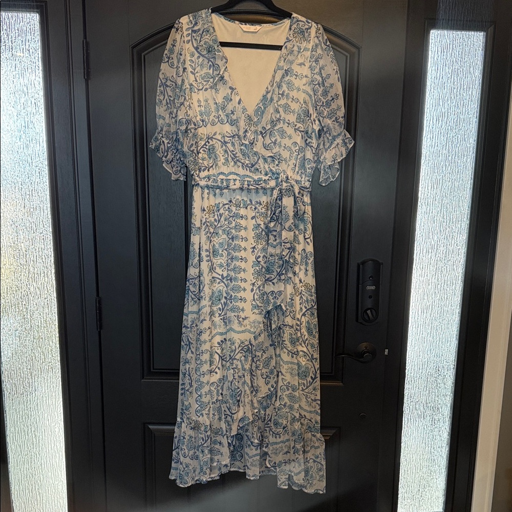 LC Lauren Conrad Blue & White Floral Wrap Maxi Dress